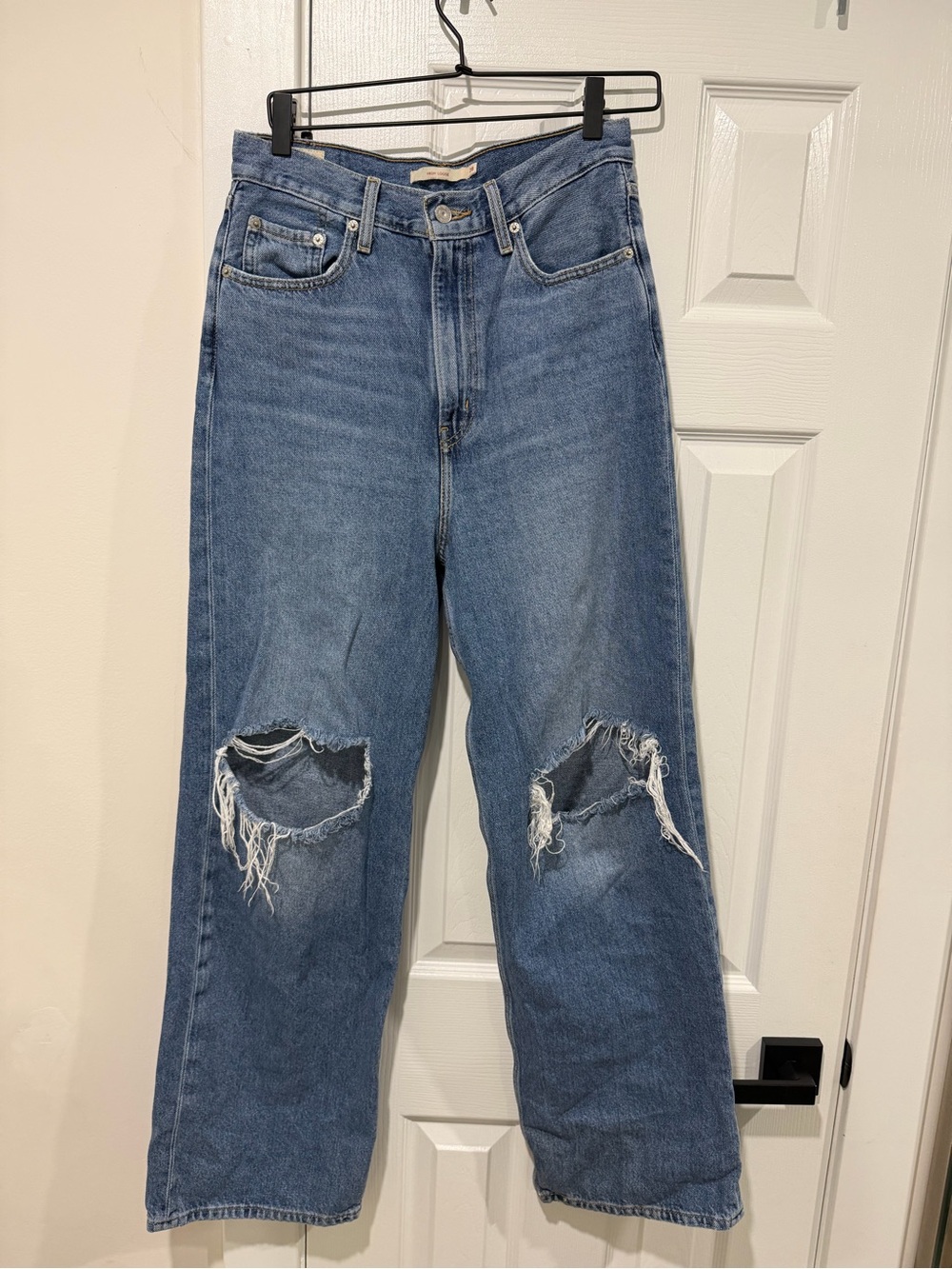 High-Rise Distressed Wide Leg Jeans - Classic Blue